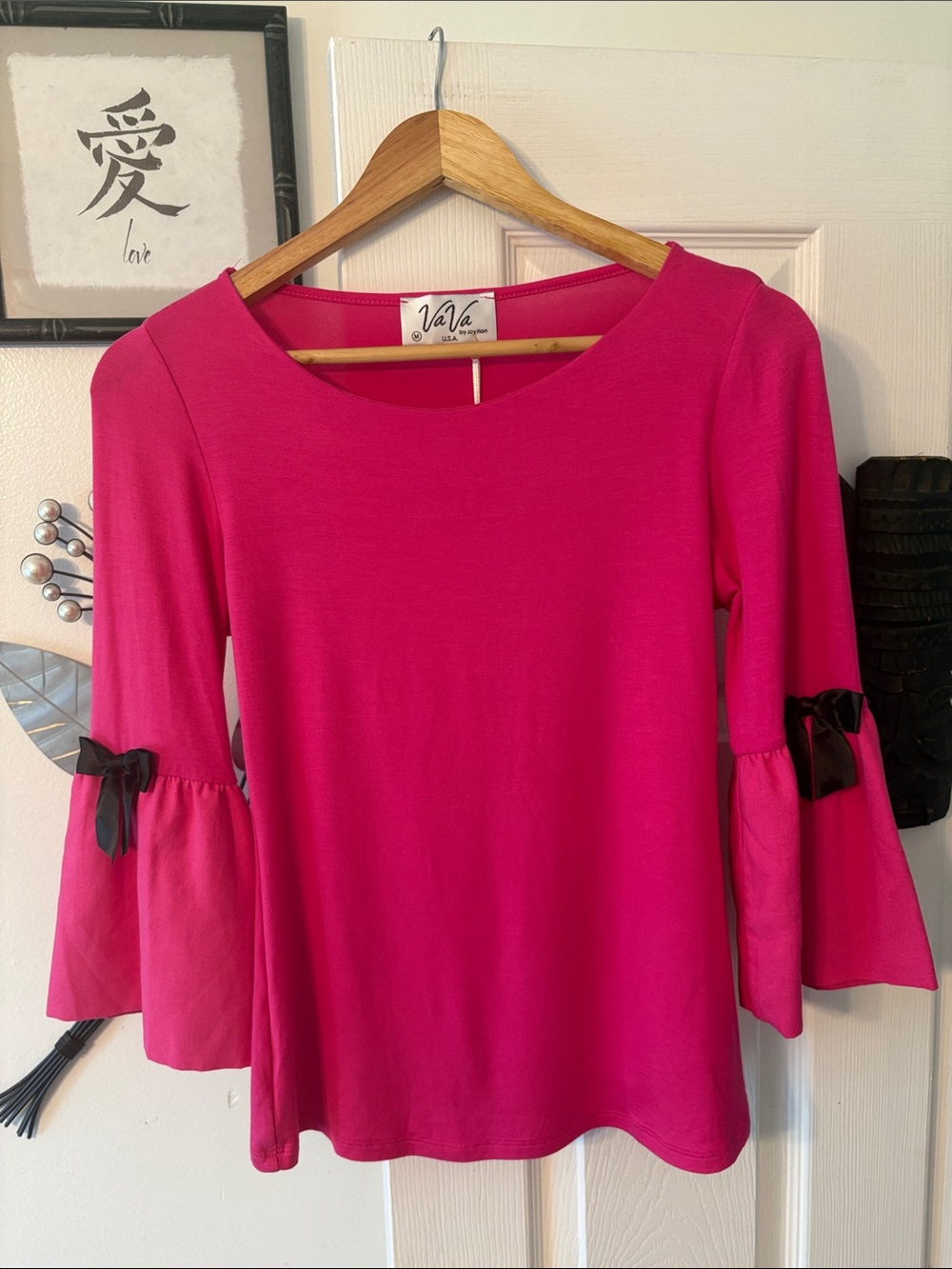 Vava by Joy Han Hot Pink Bell-Sleeve Top with Black Ribbon Bows